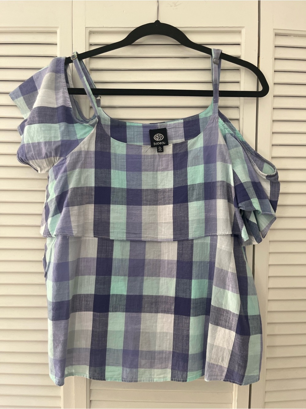 bobeau Lavender & Mint Plaid Cold-Shoulder Ruffle Top